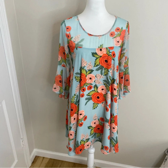 Rifle Paper Paper Crown Anthropologie Floral Blue MIDI Bell sleeve Dress SP - Picture 5 of 16